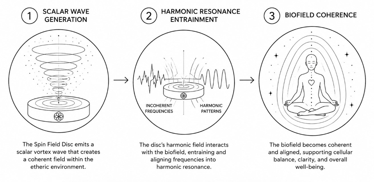 Three-step diagram: scalar wave generation, harmonic resonance entrainment, biofield coherence